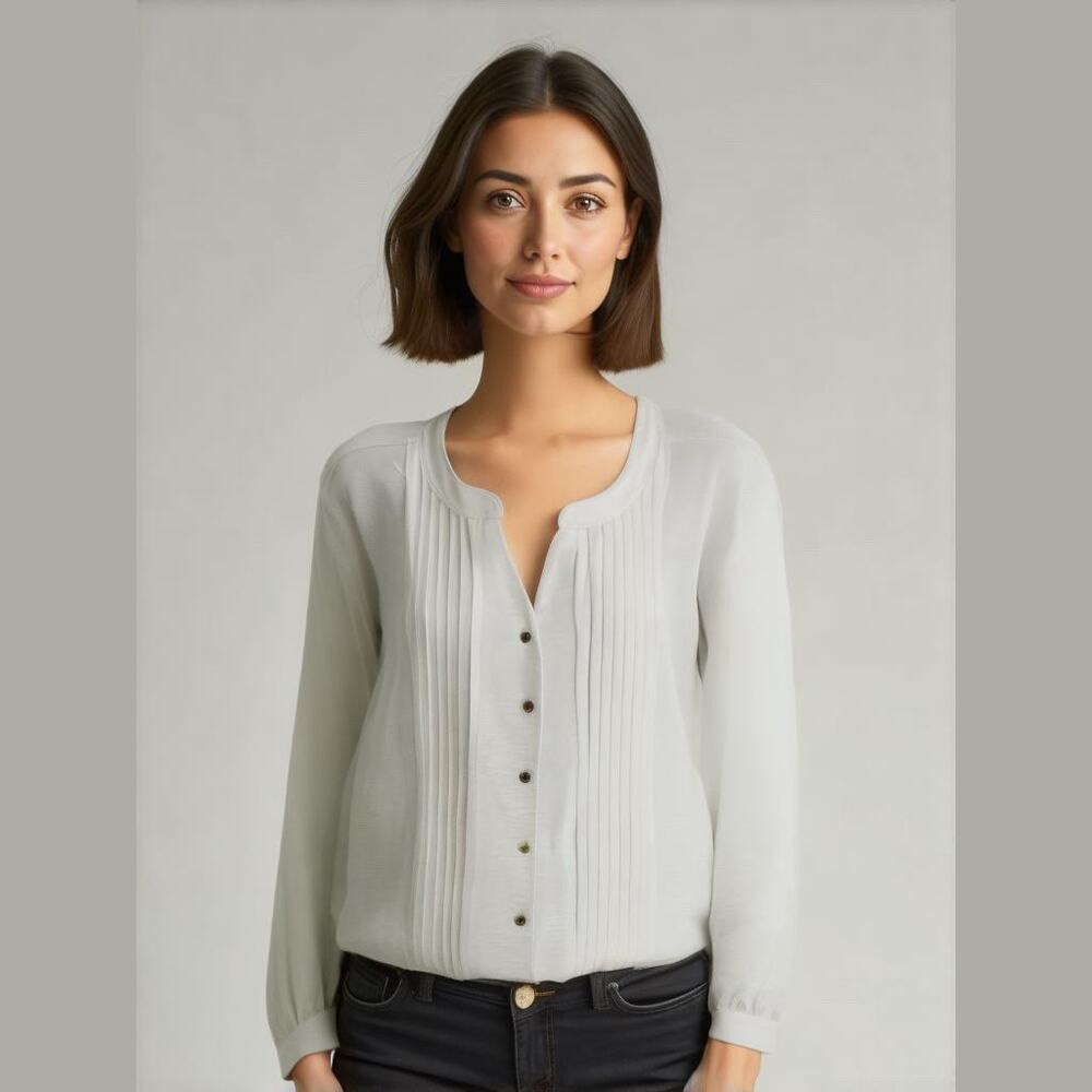 Calvin Klein Ivory V-Neck Long Balloon Sleeve Sheer Flowy Career Blouse Top XL
